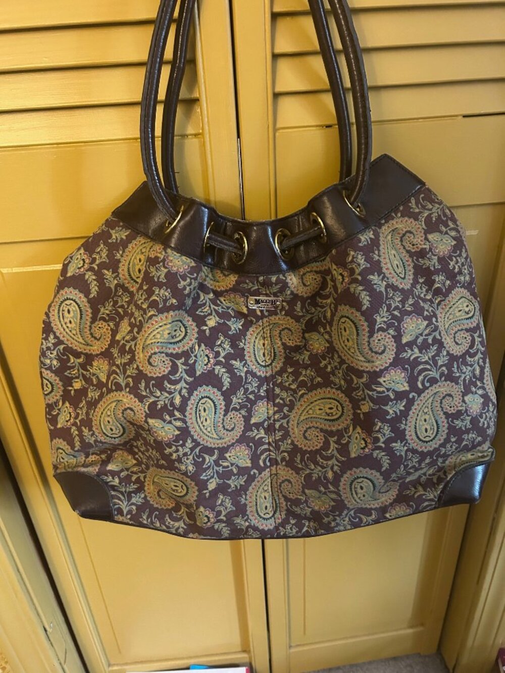 Vintage MaggieB bag Brown P{asiley fabric w leather trim  designed by Patricia N